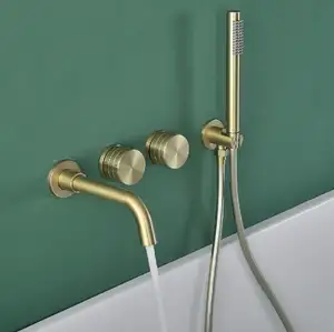 Brushed Gold Brass Wall Mounted Hot And Cold Bathtub Faucet Bathroom Bath Tub Shower Mixer Tap Faucet Set