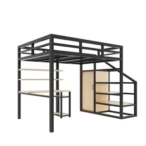 Nuevo diseño personalizado, cama doble tamaño Queen de acero resistente, Metal, hogar, Hotel, hostal, cama para adultos con escalera de madera, litera