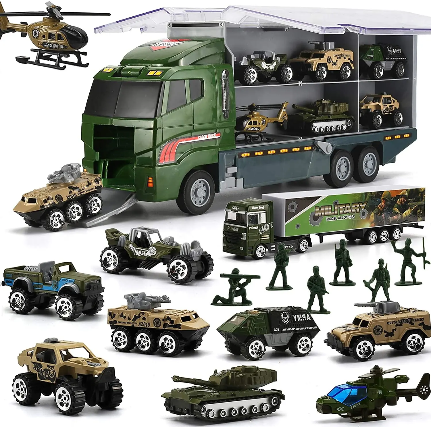 Truk militer kustom dengan Set pria prajurit Mini mobil tempur Die-cast dalam truk pembawa
