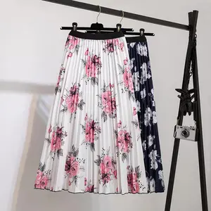 Elastic High Waist Casual Midi Skirt Women skirt Summer Womens New Vintage Floral Print Pleated Skirt