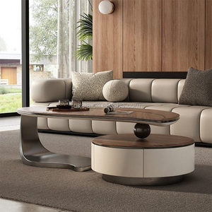 Tavolino da Caffè con Design a <span class=keywords><strong>Foglia</strong></span>, Base in Metallo Dorato e Piano in Legno Massello, <span class=keywords><strong>Tavolo</strong></span> da Tè in Stile Moderno con Cassetto - Product Image 5