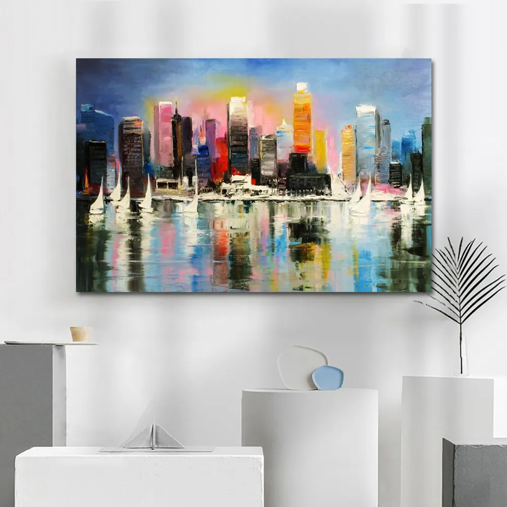 100% Hand-painted Artwork Colorful City Sunset Building Sailing Boat Abstract Acrylic City Oil Painting Canvas Wall Art