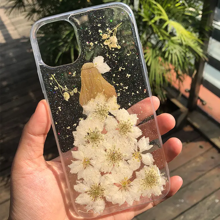 Gry348 Capa de proteção para celular, capa macia transparente com cola de gotejamento para iphone 15 real, ideal para meninas, novidade com flor verdadeira e sombra