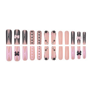 Nuevo diseño Mini flor negra prensa larga francesa en <span class=keywords><strong>uñas</strong></span> lazo rosa <span class=keywords><strong>con</strong></span> diamantes de imitación <span class=keywords><strong>uñas</strong></span> artificiales 24 piezas caja - Product Image 6