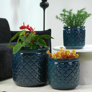 กระถางเซรามิกทรงกระบอก Mdj Pottery ขนาด 9 12 15 นิ้ว สีน้ำเงินกรมท่า พร้อมรูระบายน้ำ สำหรับใช้ในสวน สไตล์โมเดิร์น - Product Image 1