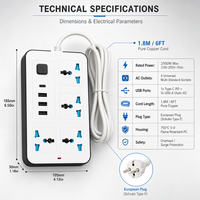 Station de charge rapide de bureau 2500W avec 4 prises universelles CA en cuivre, 1 port Type-C et 3 ports USB, prise UE pour la maison et le bureau
