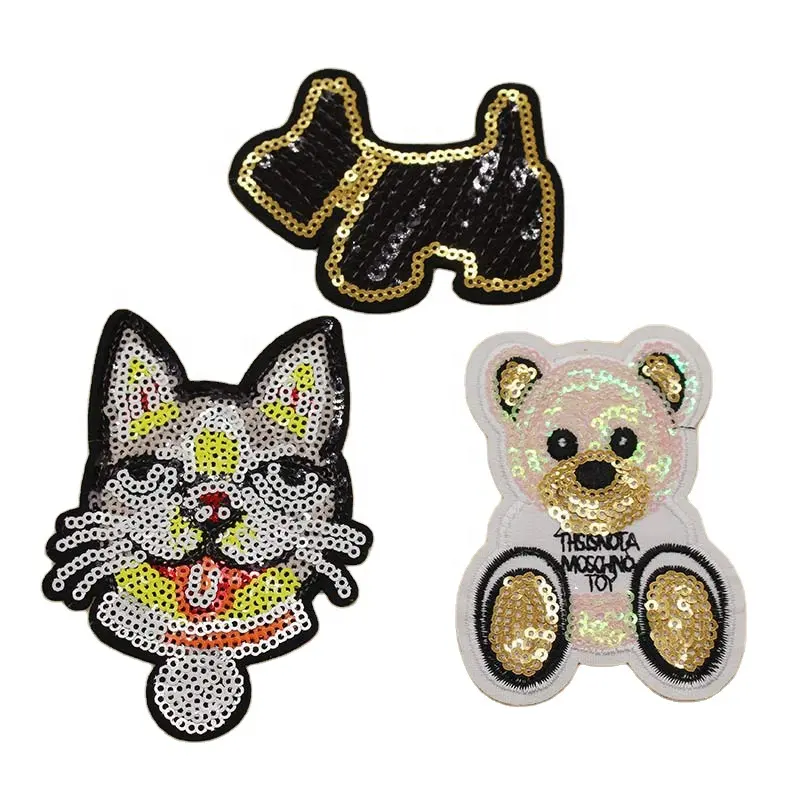 Logo Aangepaste Pailletten Beer Puppy Kleding Patches Ijzer Op Geborduurde Lovertjes Applique Patches Voor Kleding