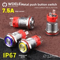 WD12mm Acier inoxydable Métal Étanche IP67 Interrupteur à bouton-poussoir 7.5A Grand courant 1NO, Verrouillage/instantané, Maximum 12V