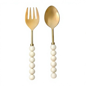 Juego de utensilios para ensalada de acero inoxidable 304 con cuentas de resina hechas a mano, elegante, duradero, apto para lavavajillas y horno microondas, personalizado - Product Image 4