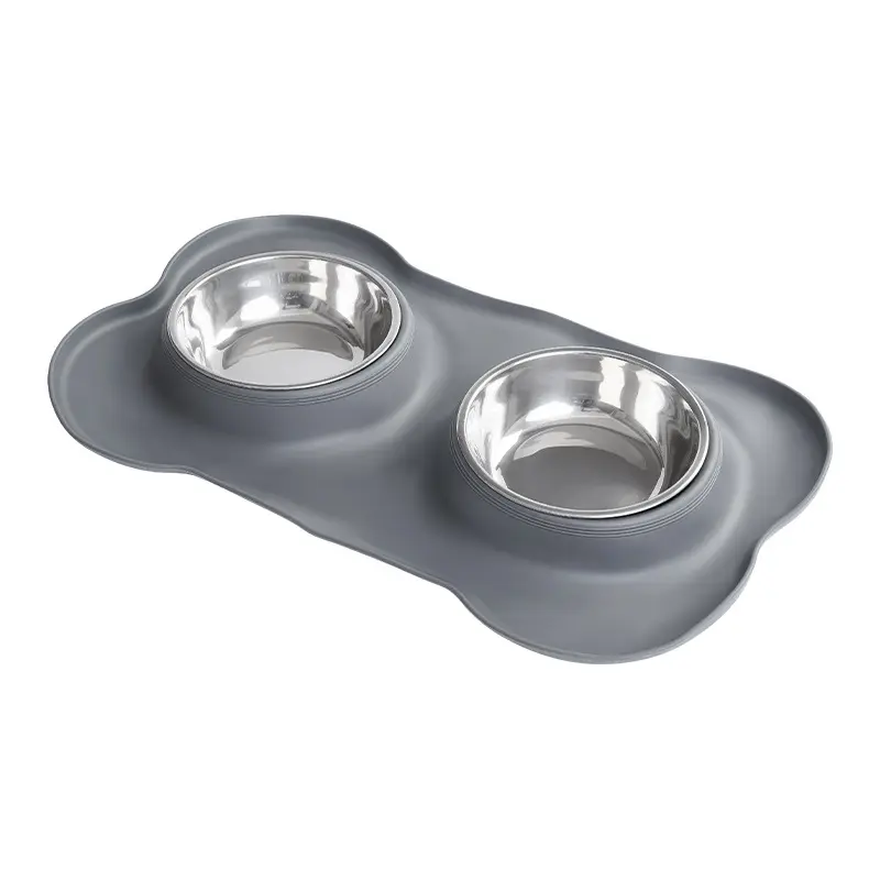 Wholesale Stainless Steel Pet Bowls Feeders with Non Skid Non Spill Silicone Mat Pet Double Bowls