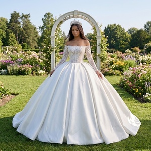 Wx362 Ivory Satin Modern Ball Gown <b>Wedding</b> Dress Appliques Sweetheart Neckline Chapel Train Floor-Length Handmade Lace Waist - Product Image 1