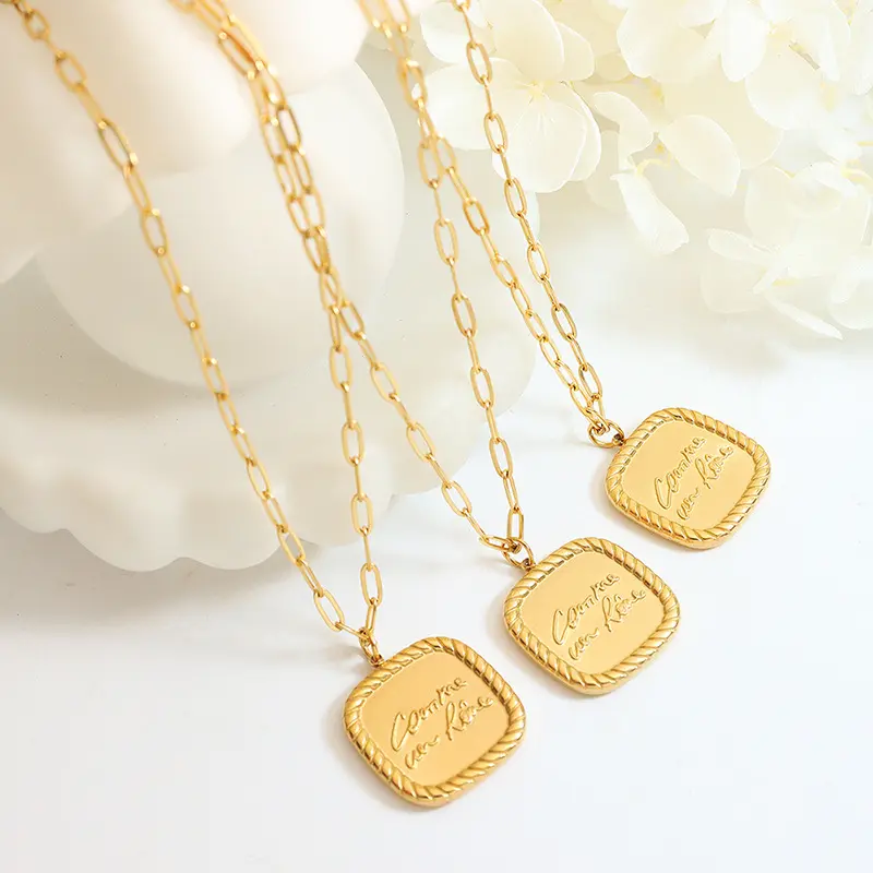 Vintage English letters Geometric square pendant Figaro chain stainless steel necklace