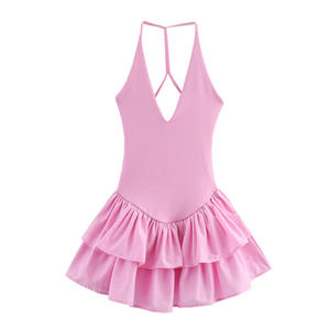 Vestidos de mujer 2025 Halter Pink Mini vestidos Chic cuello en V capa volantes dobladillo Vestido A Line Vestido verano señoras calle fiesta desgaste - Product Image 4