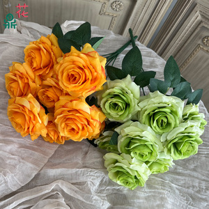 Bouquet de roses en soie, 9 têtes, style naturel fait main, décoration de mariage, fleurs artificielles pour arche et plafond, Chine - Product Image 2