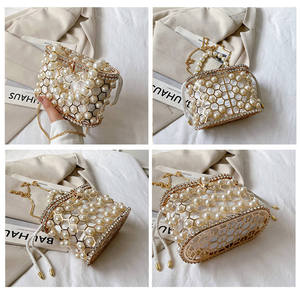 Sac seau chic de luxe fait main pour femme, grand sac à main décontracté avec perles transparentes, chaîne métallique et fermeture éclair, sac de soirée à bandoulière - Product Image 5
