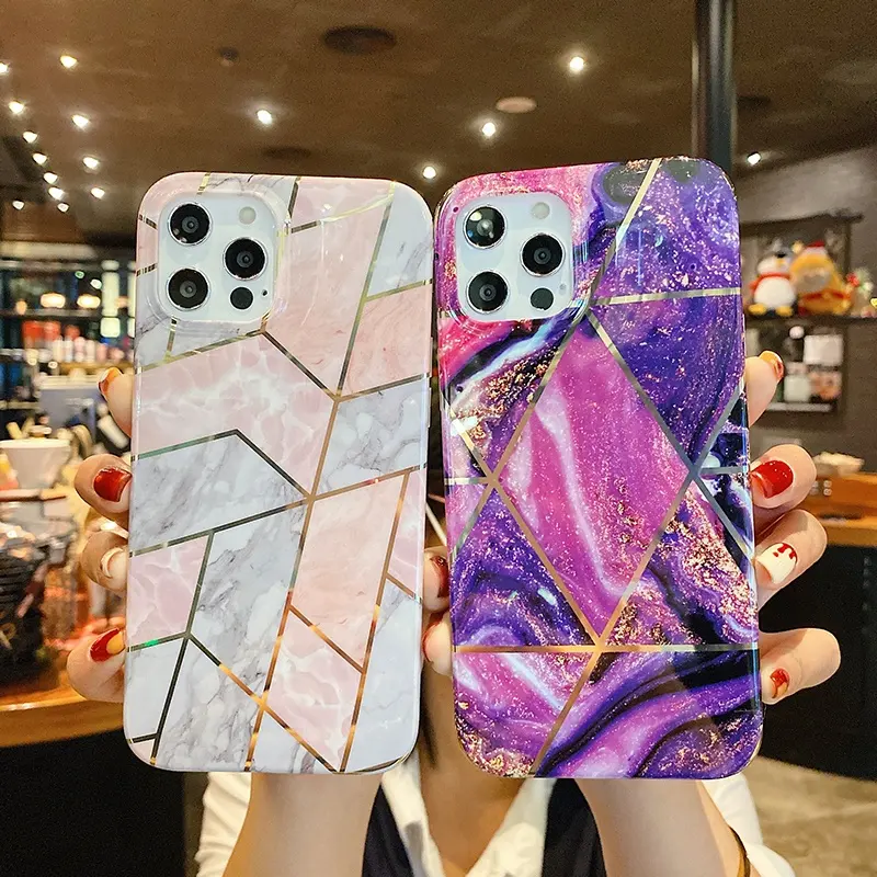 Hot Selling IMD Printed Gold Luxury Cell Phone Cover for iPhone 11 12 13 Geometric Stripe Marble Phone Case for iPhone 14