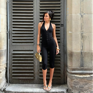 Women's Black V Neck Halter Neck Backless <b>Jumpsuit</b> Sleeveless Button-Front <b>Bodycon</b> Romper Summer Street Wear 2026 - Product Image 5