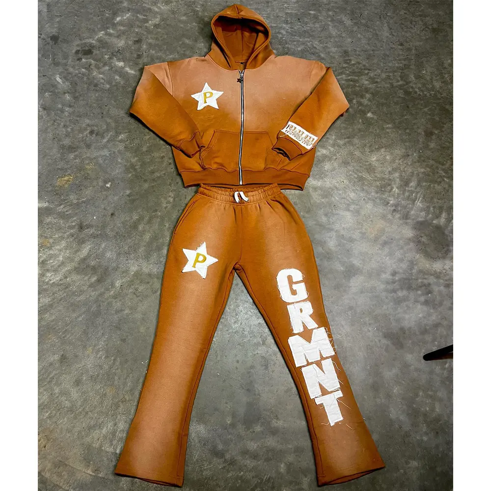 Custom Acid Wash Sweat Suits Zip Up Applique Embroidery Patch Flared Full Tracksuits Hoodies And Sweatpants Sets For Men