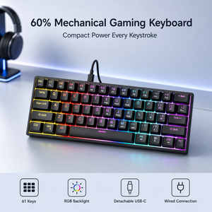 Clavier de jeu mécanique filaire personnalisé avec logo, 60 %, 61 touches, interrupteurs bleus, rétroéclairage LED, anti-ghosting, ergonomique, sensation confortable au toucher - Product Image 1