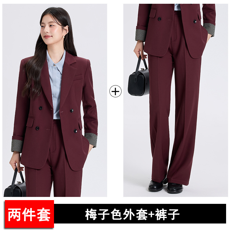 plum-colored suit trousers
