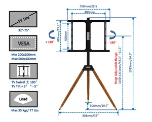 Soporte de TV de caballete de trípode negro con soporte para muebles de sala de estar de piso inclinación giratoria portátil 360 con altura ajustable para 32-75