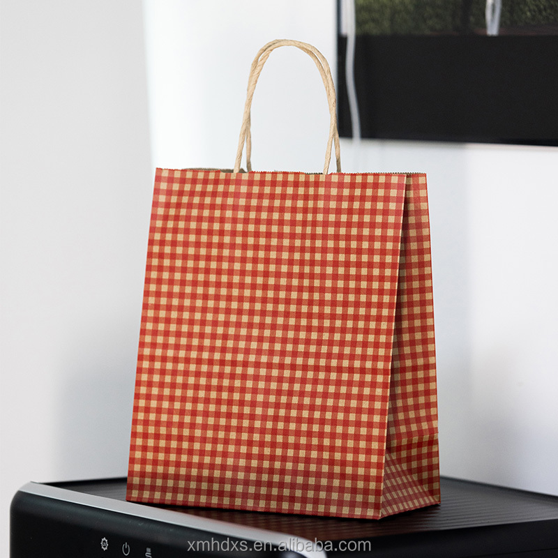For HDPK Comfortable Kraft Paper Twisted Rope Handle Bag Gingham Pattern Environmentally Conscious Packaging for Convenient