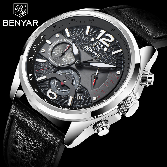 BENYAR 5171 Life Waterproof Top Brand Men Quartz Watches Men's Leather Watch Calendar Auto Date Design Sport Chronograph Reloj