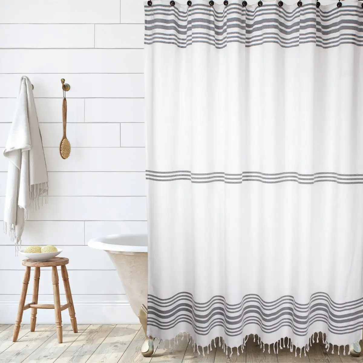 72x72" White Grey Navy Stripes Premium 100% Natural Woven Cotton Shower Curtain for Classic Bathroom