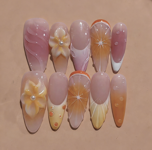 Lot de 10 faux ongles à presser en ABS, faits main, style français 3D, orange, courts, avec strass, design rétro de luxe, forme amande, couverture complète pour les doigts - Product Image 2