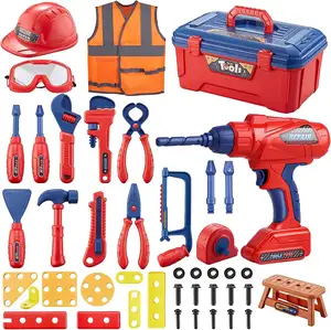 49PCS带电子玩具钻的幼儿工具套装，卷尺12个工具设备，假装游戏建筑服装