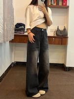 Celana Jeans Wanita Model Baggy Desain Khusus, Bahan Bernapas, Kaki Lebar, Anti Kusut, Warna Gelap, Ukuran Plus