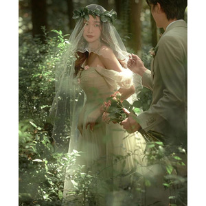 Forest-Themed Fairy Wedding Dress Green Empire Waist Ball Gown Sweetheart Neckline Tulle Formal Dress For Outdoor Couple - Product Image 4