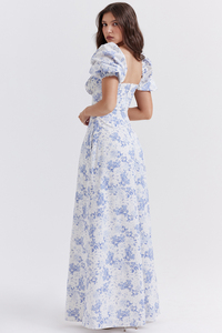 Abito lungo estivo casual da donna OEM elegante blu <span class=keywords><strong>con</strong></span> stampa floreale, linea ad A, maniche a palloncino corte - Product Image 6