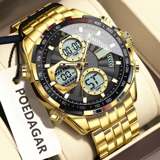 POEDAGAR E108 Fashion Men's Watches Luxury Stainless Business Quartz Digital Wristwatch Waterproof Man LED Dual Display Watch