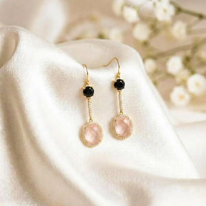 Pink <b>Rose</b> Quartz <b>Black</b> Obsidian Earrings Featuring Oval and Round Faceted Gemstone Drop Design in Sterling Silver or Gold Filled - Product Image 6
