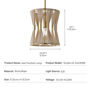 Lámpara Colgante Moderna de Latón, Estilo Nórdico <span class=keywords><strong>con</strong></span> <span class=keywords><strong>Cuerda</strong></span> Tejida, para Comedor o Villa, Diseño Artesanal, Modelo Axel - Product Image 4