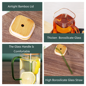 Verres à boire 17 oz, mugs carrés en verre coloré avec couvercle en bambou, paille et poignée pour jus, eau, café glacé - Product Image 2