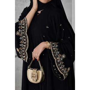 Black Abaya with Hand Embroidered Sleeve Borders Elegant Gold <b>Thread</b> Work <b>Beaded</b> Detailing Premium Soft Flowing Fabric Luxury - Product Image 1