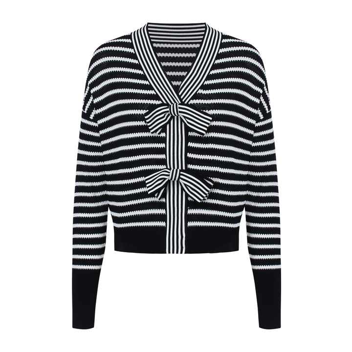 Women’s Striped V-Neck Sweater with Back Bow