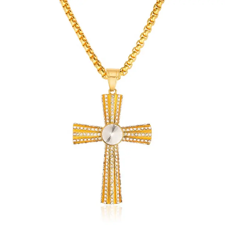 Collier avec pendentif religieux, européen et américain, pendentif avec croix, hip-hop, en acier inoxydable plaqué or 18K, livraison gratuite