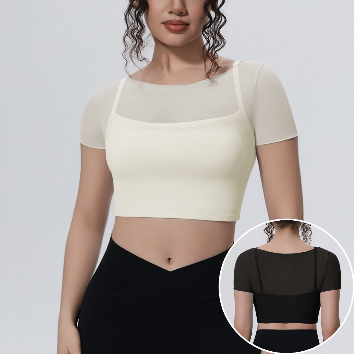 Mesh Double-Layer Breathable Mock-Two-Piece Short-Sleeve Top for Casual Sports Running Fitness and Yoga