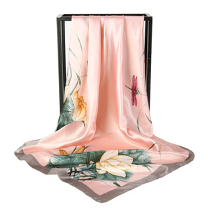 Bayan büyük kare Polyester eşarp bej çok renkli kuş çiçek desen boyun baş aşınma dekorasyon - Product Image 6