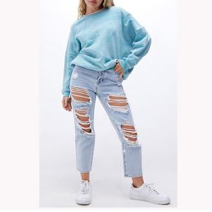 กางเกงยีนส์ทรงตรงเอวสูงสีฟ้าอ่อนขาดๆ แบบใหม่มาแรง สำหรับผู้หญิงไซส์พลัส - Product Image 2