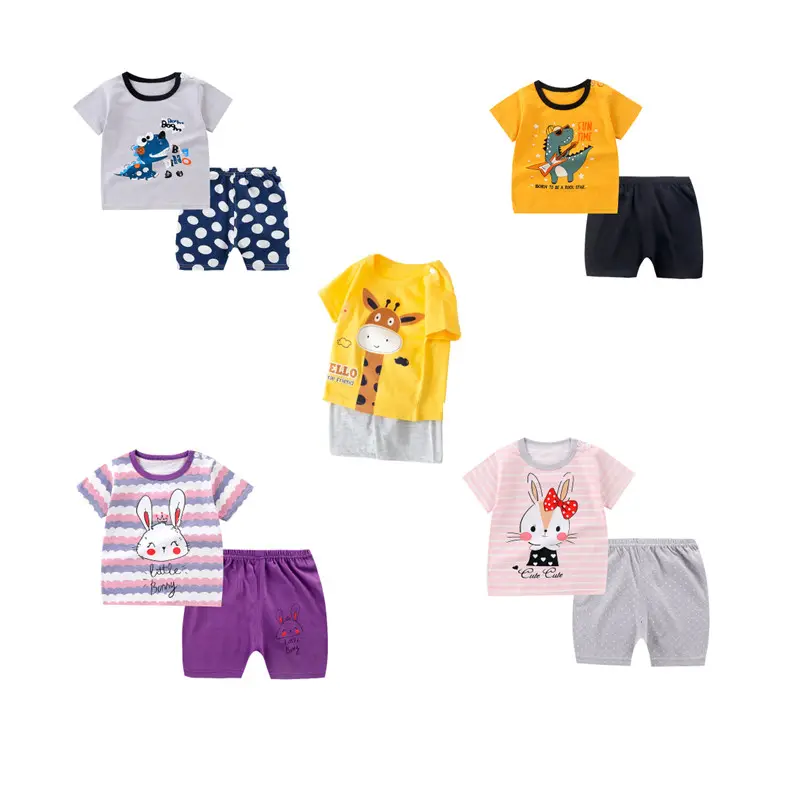 Camiseta e calça infantis de verão, conjunto de roupas de algodão para bebês, meninos e meninas, 2 peças