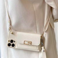 Casing dompet kulit PU klasik Retro, dompet kulit PU rantai leher tali Lanyard, casing lembut ponsel untuk iPhone 13 15 16 Pro XS Max plus untuk samsung s25
