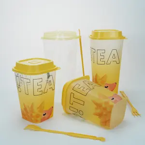 Supplier customized disposable takeaway plastic cups with lids and logo for bubble milk tea sparkling water packaging