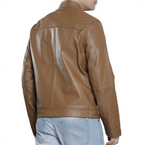 <b>Men</b> Genuine <b>Leather</b> Heated <b>Jacket</b> Mandarin Collar Zipper Closure Casual Slim Fit Winter Wear Light <b>Brown</b> Color Regular Front - Product Image 2