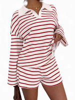 Ensemble deux pièces décontracté pour femme, tricot côtelé rayé, épaules tombantes, tenue d'automne très tendance