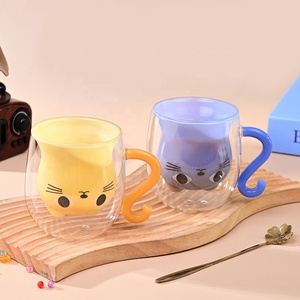 Niedliche Orange-Weiß-Grün-Blaue Farbige Kaffeetassen Cartoon-Katze Doppelwandige Milch-Wasser Borosilikatglas Trinkbecher Mit Henkel - Product Image 2