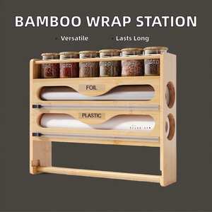 Wall Mounted Bamboo Crafts Dispenser Kitchen <strong>PaperTowel</strong> Holder Rectangle Cutter and Ziplock Bag Storage Wall Sign Organizer - Product Image 6